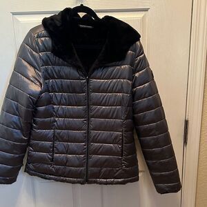 Andrew Marc Metallic Gray Puffer Jacket with Hood Size Medium